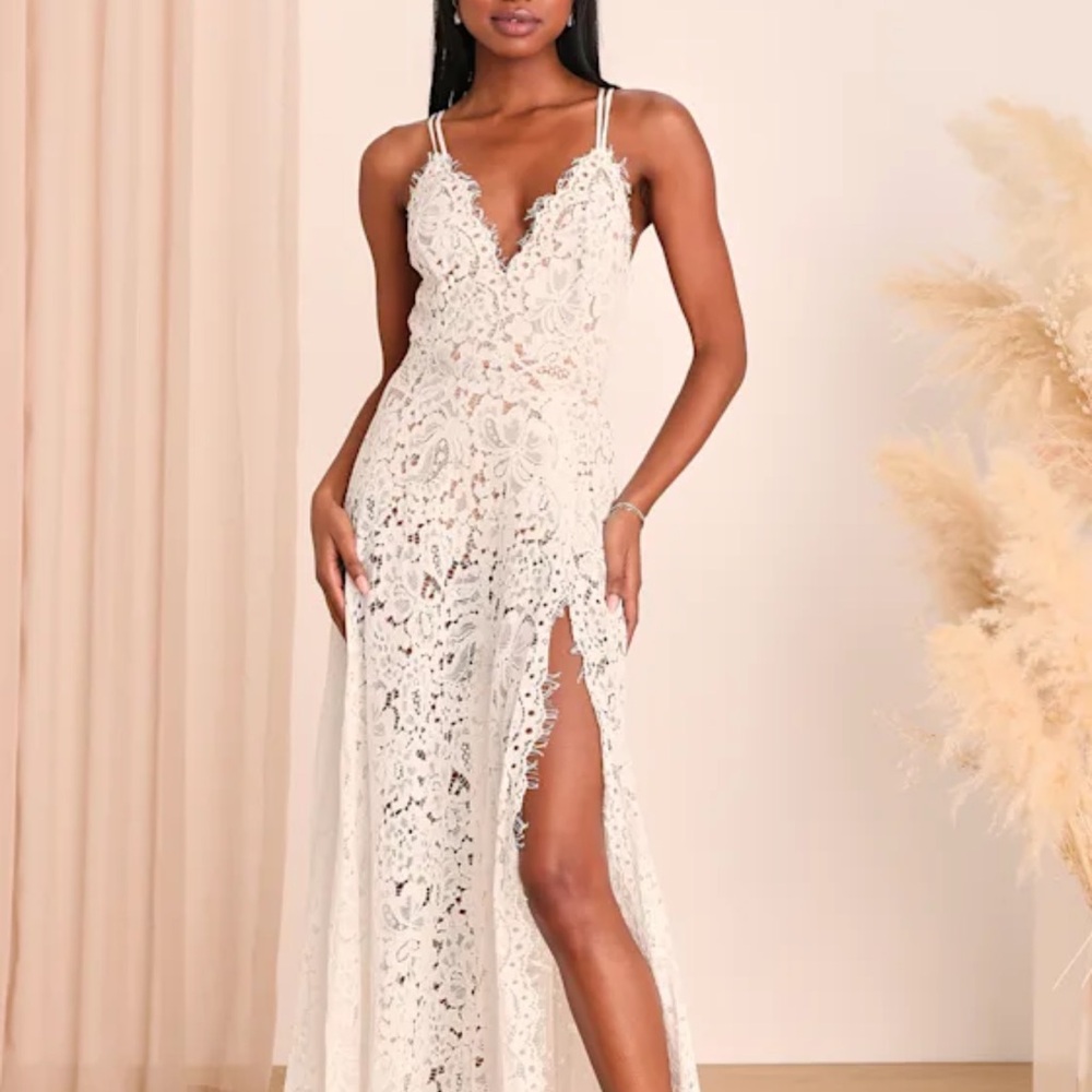 Love of Details Lace V-Neck Spaghetti Strap Maxi Dress in Ivory-Lulus